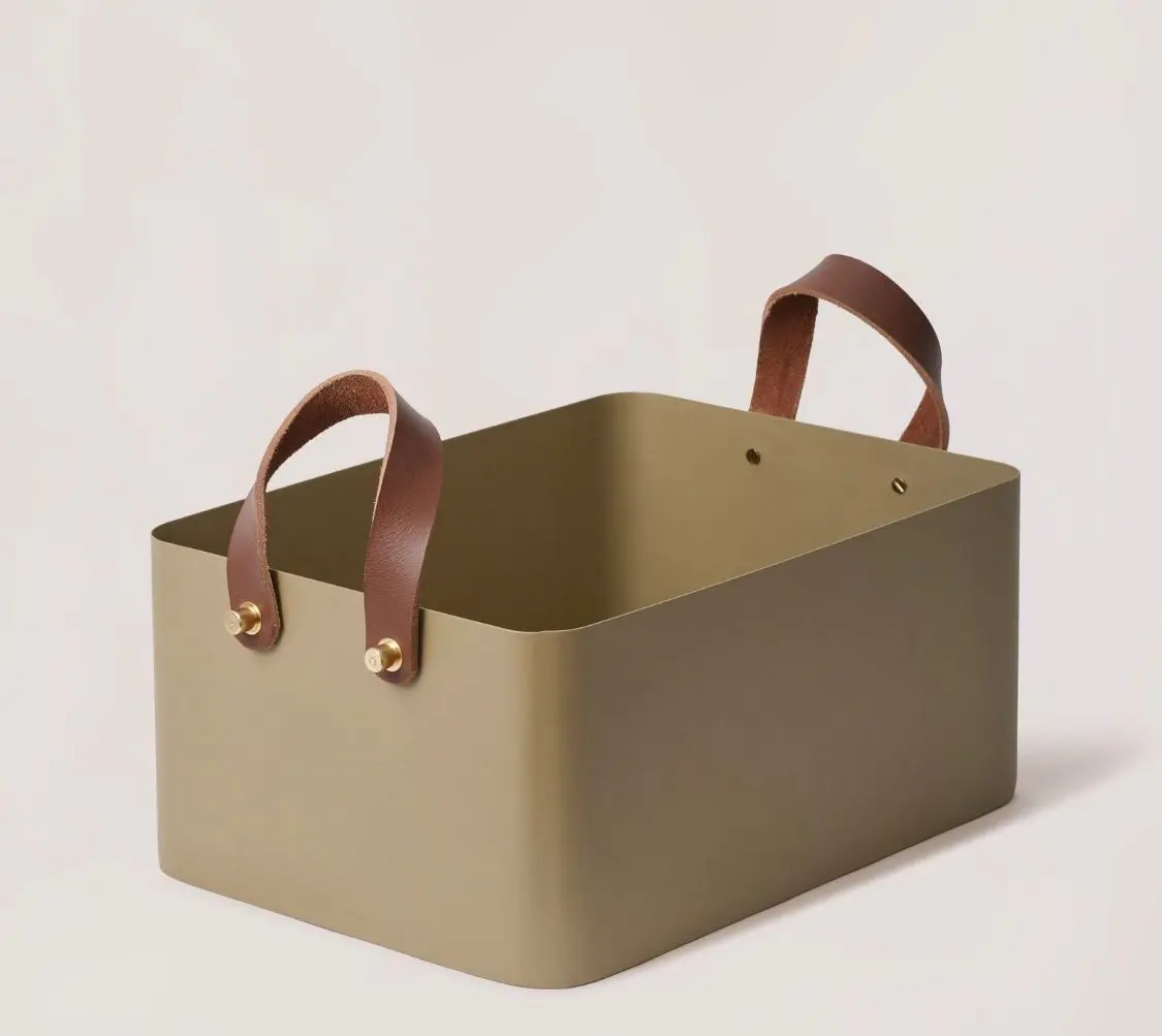 Brown Leather Handled Basket — Handcrafted Export Product by NXTGENEXPORTS, Moradabad